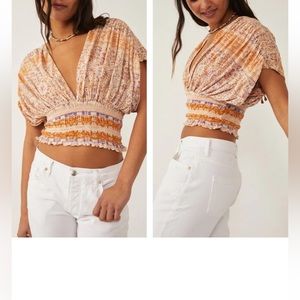 FREE PEOPLE NEXT VACATION SHORT SLEEVE CROP FLORAL TOP SMALL